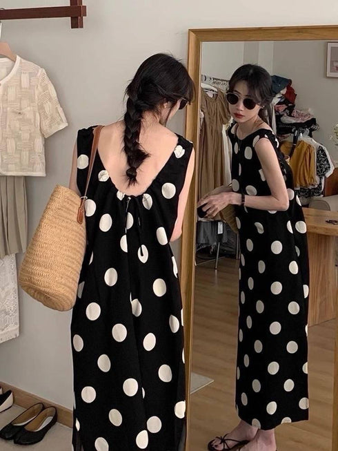 Polka Dot Sleeveless Long Side Slit Casual Dress